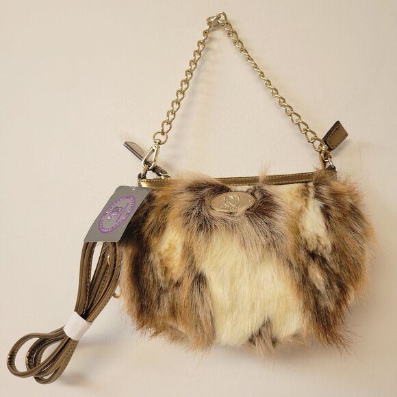 Sharif New York Faux Fur Crossbody Bag Gold Chain Strap NWT Boho Designer Purse - Picture 2 of 12